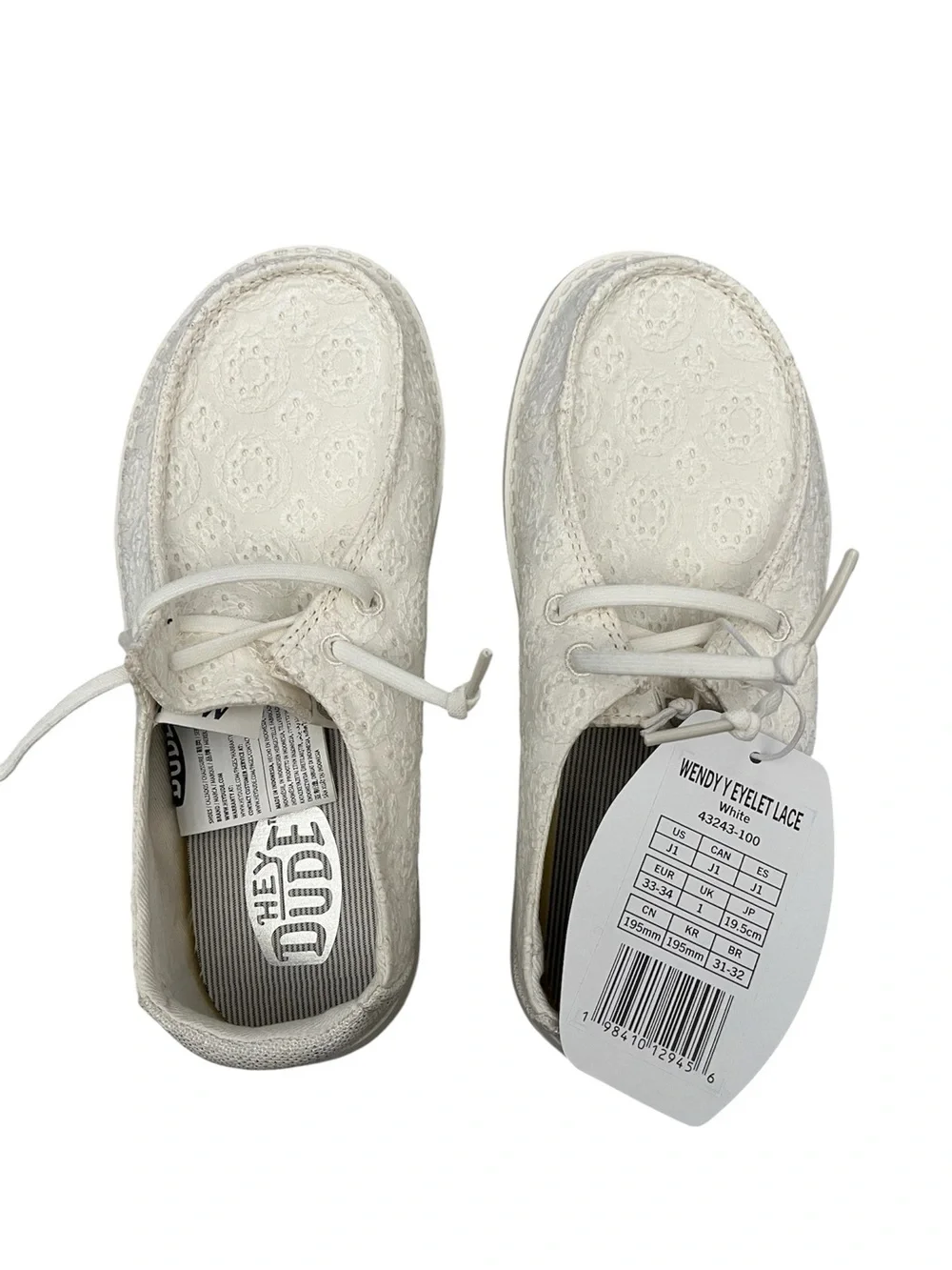 HEYDUDE UnisexKids Wendy Eyelet Lace White Slip On Shoes Size 1 NEW WITH TAG
